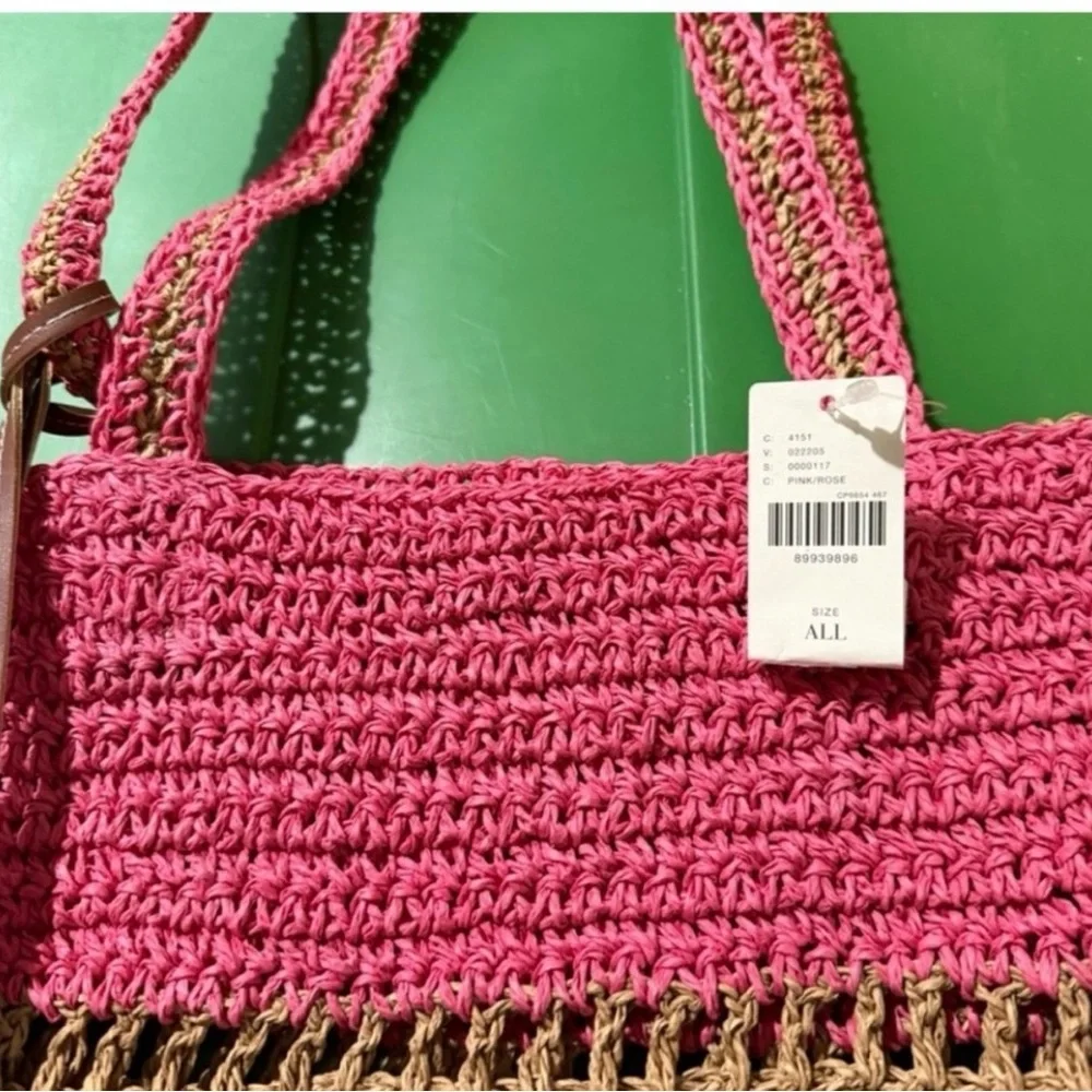 Anthropologie pink and Rafia purse, crochet watermelons add interest NWT Awesome